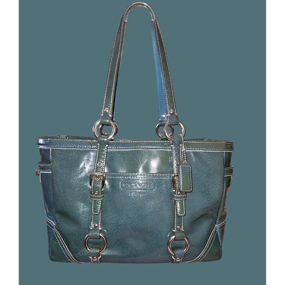 Coach Y2K  Patent Leather Gallery Tote Teal Blue Green Shoulder Bag - Picture 1 of 16